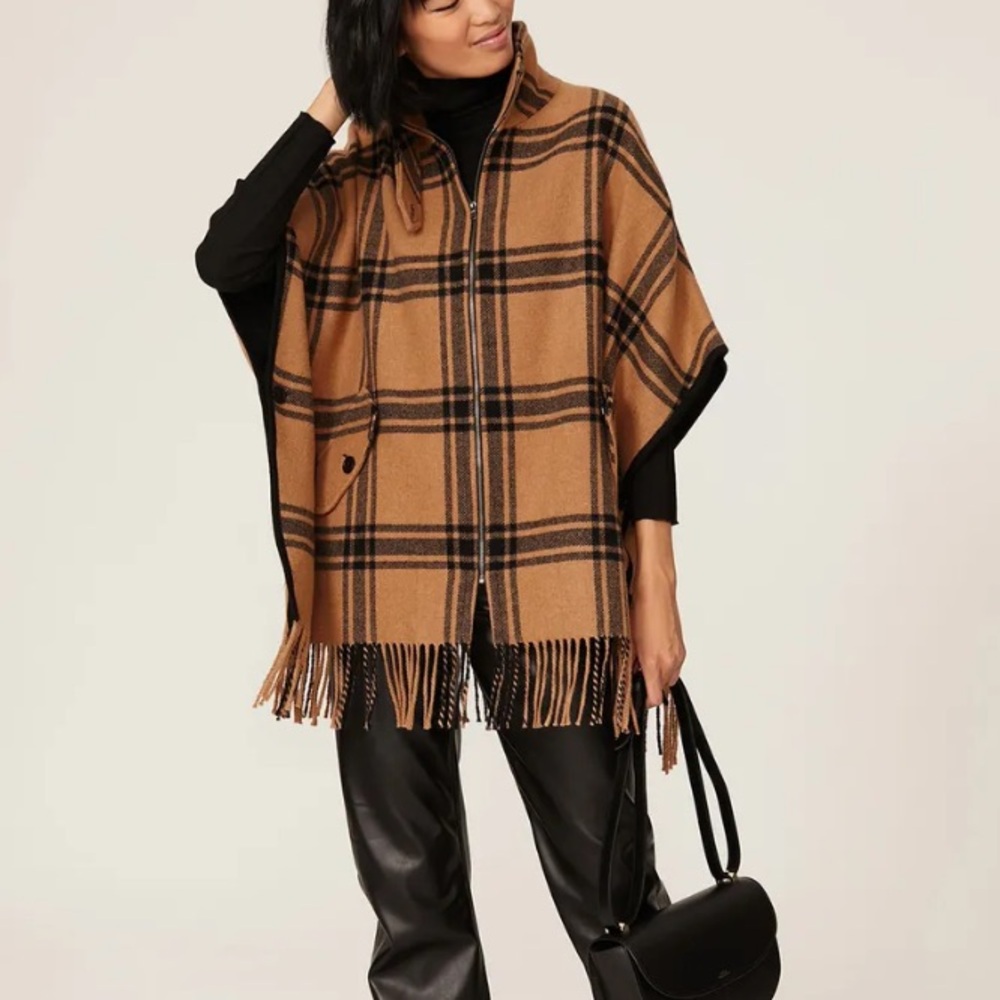 Trina Turk Scotland Poncho Size S Plaid Zipper Pockets Fringe Winter Wool Coat